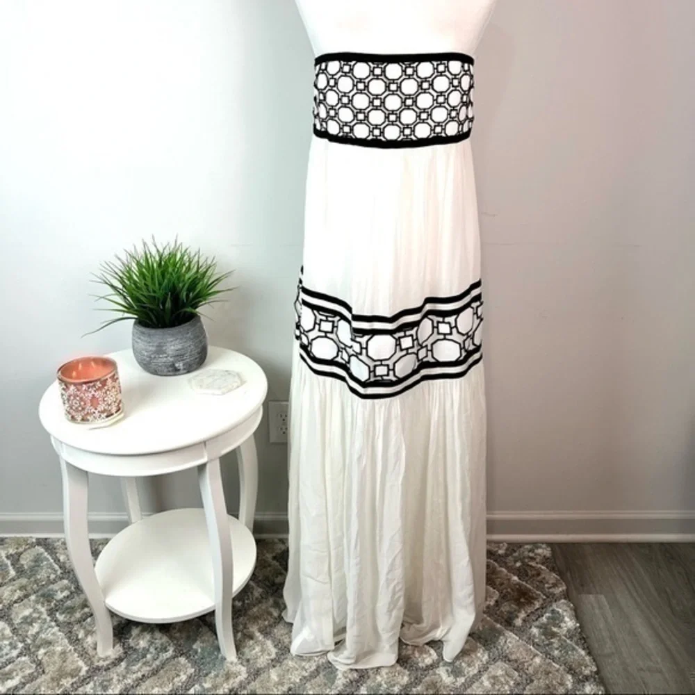 Tory Burch Christie Strapless Maxi Dress Size 4 White Black Silk Runway NWT